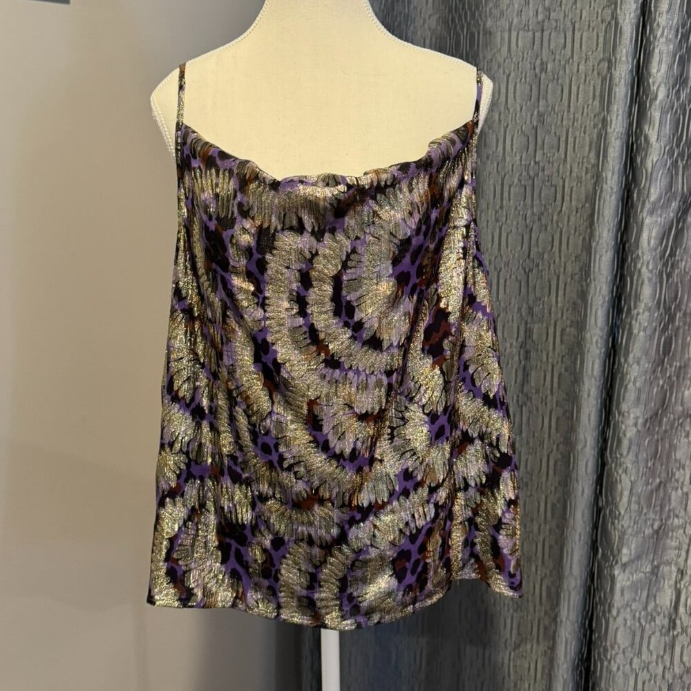 River Island Women's Tank Top Black Purple Animal Print Shiny Gold Size 12